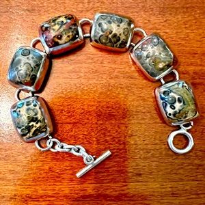 Vintage Taxco Jasper Cabochon Sterling Silver Bracelet with Toggle Bar. 50 g!!!